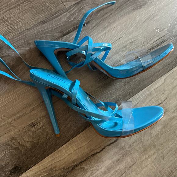 SCHUTZ Cloe Vinyl Strappy Heels – Blue Patent, Clear Strap, Size 10B Womens - Picture 4 of 8